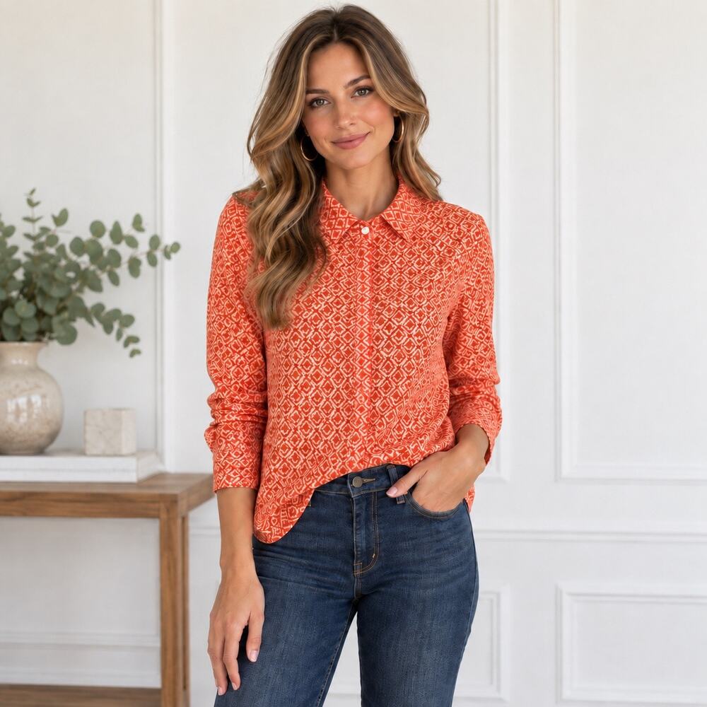 J.Crew Women M Orange Red Geometric Print Popover Blouse Cotton Silk Shirt